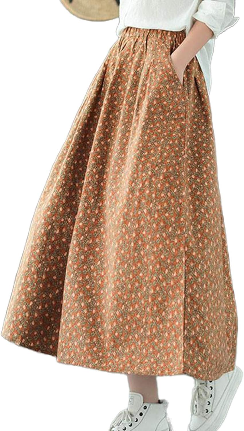 Skirts Autumn Winter New Cotton Retro Print Pockets Elastic Waist Half