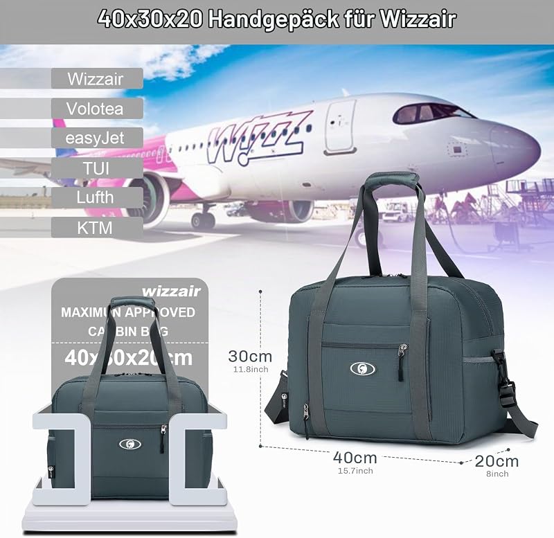 Reisetasche Handgepäck Wizzair 40x30x20, 25L Faltbare Weekender Sporttasche Taschen Koffer Tasche Wasserdicht Nylon Umhängetasche Hospital Bag Kabine Handtaschen,Grau