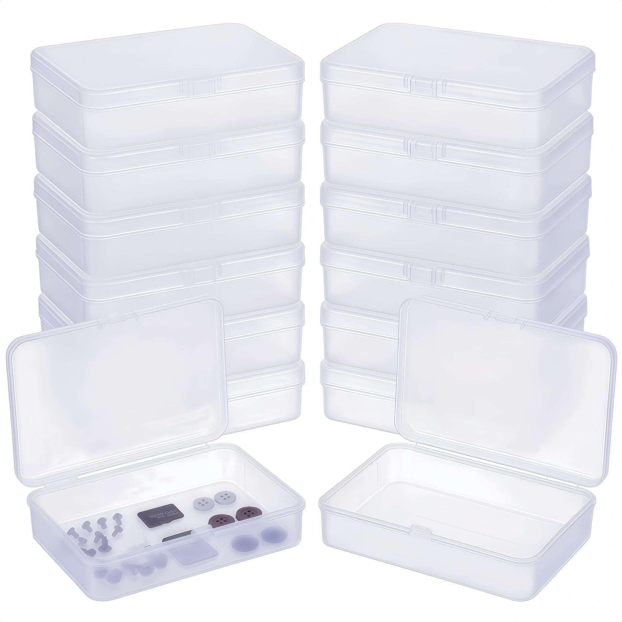 LJY 12 Pack Plastic Storage Boxes with Lids 11.5 x 8.5 x 2.8 cm – Frosted White Rectangular Small Containers for Diamond Art Accessories, Beads, Crafts and Hardware, Stackable Organiser Box Set