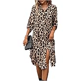 MakeMeChic Women's Leopard Print Dress Button Front 3/4 Roll Sleeve Collared Midi Dresses