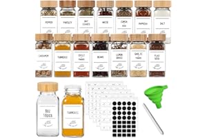 6 oz Glass Spice Jars with Bamboo Lids,16 Pack Empty Square Spice Containers,Seasoning Bottles with Shaker Lids and 160 Spice
