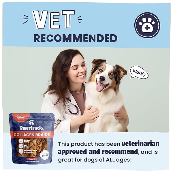 PAWSTRUCK NATURAL 5-7” BEEF COLLAGEN BRAIDS FOR DOGS – LONG-LASTING RAWHIDE & BULLY STICK ALTERNATIVE, WITH CHONDROITIN & GLUCOSAMINE – 5 PACK