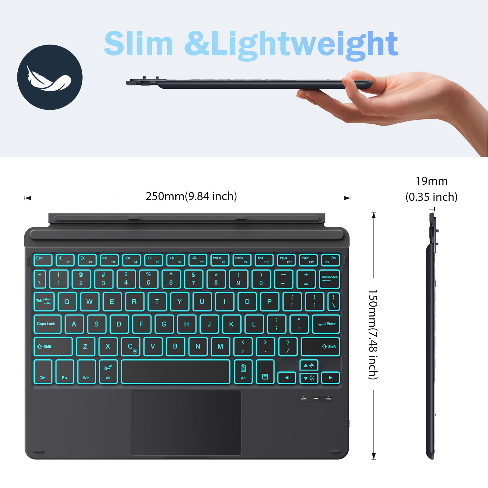 MoKo Type Cover Keyboard for Surface Go 4 2023/ Go 3 2021/ Go 2 2020 / Go 2018, Slim Wireless Bluetooth Keyboard with Trackpad, 7-Color LED Backlit, Built-in Rechargeable Battery, Black