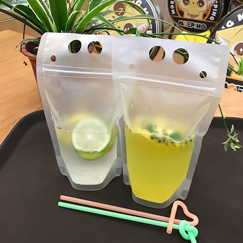 Beverage Pouch with Plastic Straw 50 Set per Pack Hand-held Clear Frosted Reclosable Zipper Stand Up Juice Drink Bag