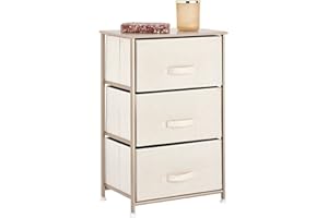 mDesign Steel Top and Frame Storage Dresser Tower Unit with 3 Removable Fabric Drawers for Bedroom, Living Room, or Bathroom - Holds Clothes, Accessories, Lido Collection - Cream/Gold