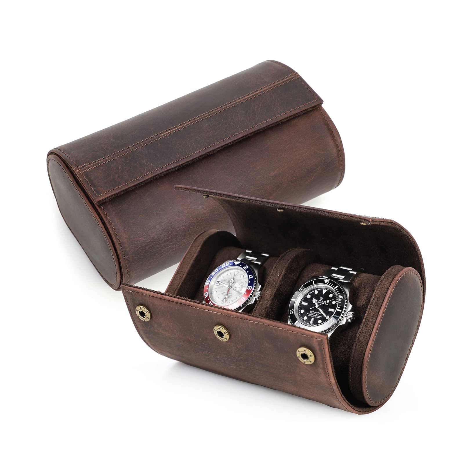 CONTACTS Genuine Leather Travel Watch Case Roll,Watches Organizer Box for 2 Watch Protective Portable Sleeve Watch Display for Travel Vintage (Coffee-1145)