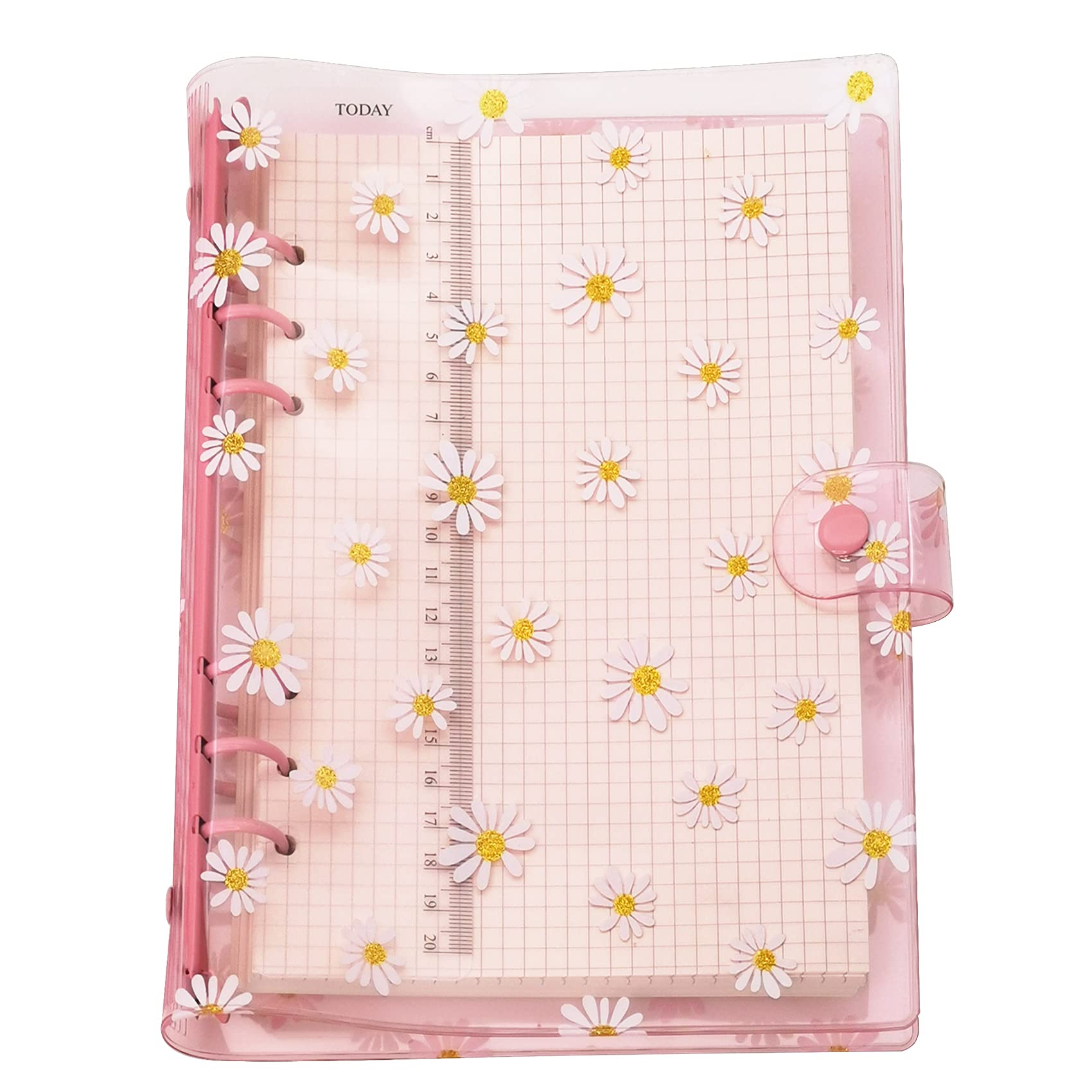 A6 A5 6-Holes Colorful PVC Cover Round Ring View Binder with Snap Button Closure File Folder (Pink Daisy, A5 mini Set)