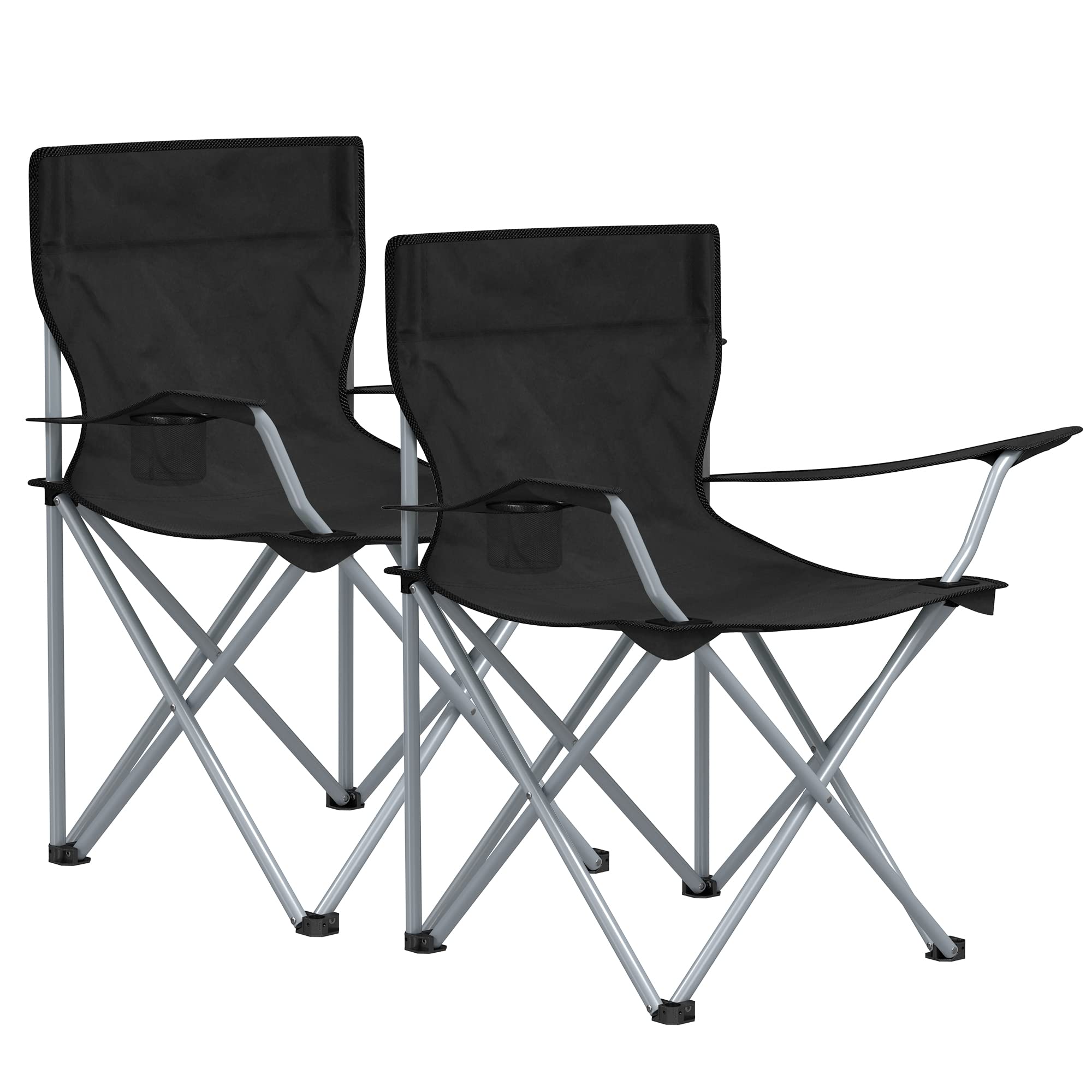 SONGMICS Folding Camping Chairs, Set of 2 Outdoor Chair, with Armrests, Cup Holder, Portable, 120 kg Capacity, for Camping, Garden, Fishing, Beach, Balcony, Black GCB01BK