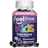 Feel Great Vitamin Co. Elderberry Gummies for Kids | Immune Support | Natural Antioxidant Immune Booster | with Vitamin C and Zinc | Gluten Free & Vegetarian | 90 Gummies