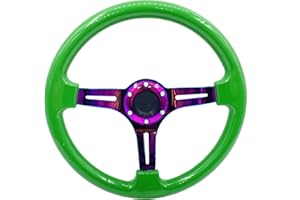 YEHICY 350mm Green ABS Racing Steering Wheel Neo Chrome Spoke Universal 6 Holes 45mm Deep Dish Classic Wood Steering Wheel with Horn Button