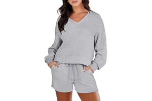Caracilia Women's 2 Piece Outfits Long Sleeve V Neck Cropped Tops and Shorts Matching Lounge Sets Tracksuit Sweatsuits