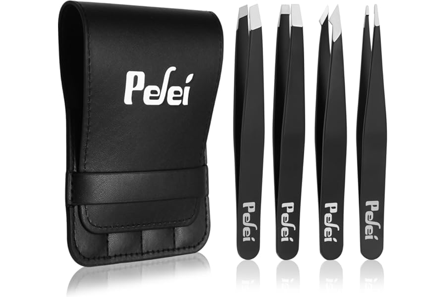 Pefei Tweezers Set – Professional Stainless Steel Tweezers for Eyebrows – Great Precision for Facial Hair, Splinter and Ingrown Hair Removal (Black)