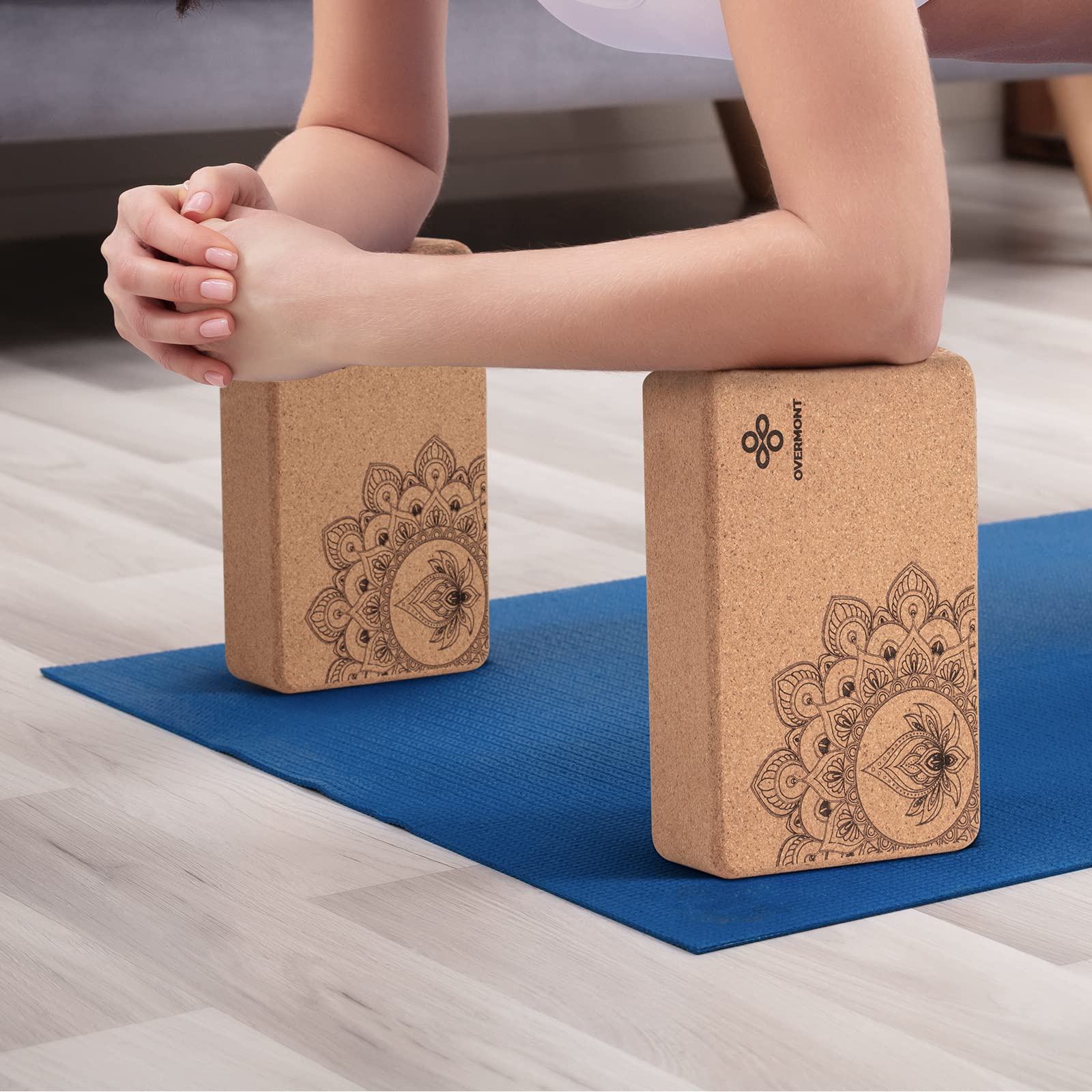 Overmont Cork Yoga Blocks 2 pack with Strap Set Natural Cork Yoga Bricks- High Density & Non-Slip Yoga Accessories for Women - Ideal for Yoga Pilates Fitness and Stretching 9x6x3