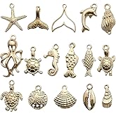 Liyujuping 16Pcs Beach Charms, Chic Gold Charms for Jewelry Making, Alloy Dolphins, Seahorses, Octopuses and Seashells, Summer Charm for Necklace Bracelet Earrings Crafting DIY