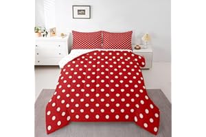 jejeloiu Red White Polka Dot Kids Comforter Set Queen Size Retro Cute Polka Dot Bedding Set Geometric Duvet Quilt for Kids Bo