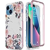 Esdot for iPhone 13 Case with Built-in Screen Protector,Military Grade Rugged Cover with Fashionable Designs for Women Girls,Protective Phone Case 6.1" Pink Flowers Leaves