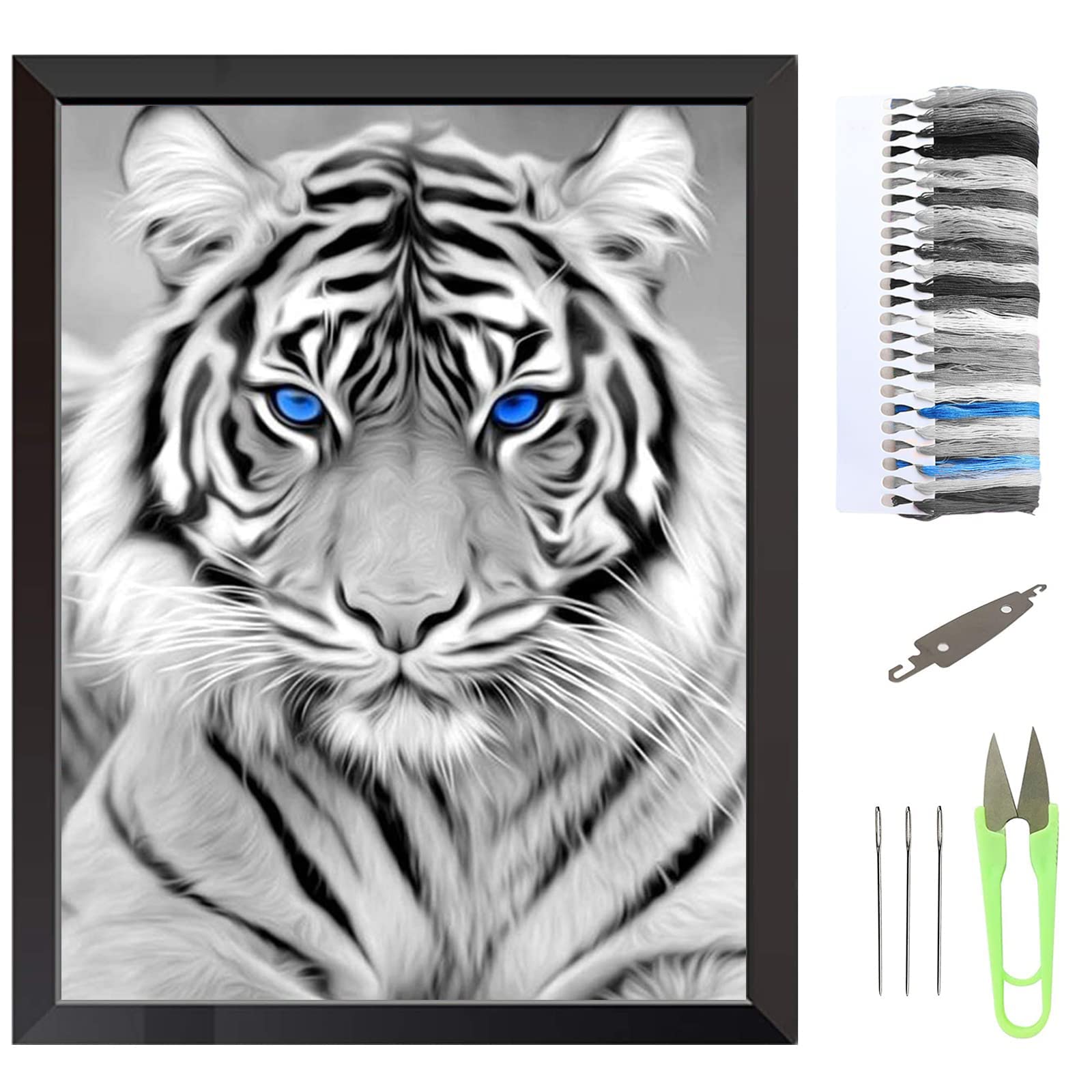 VEGCOO Embroidery Cross Stitch Kits for Adults Beginners, White Tiger Pre Printed Embroidery Cross Stitch Kit 11CT Needlework Kit DIY Artwork for Adults Home Decor or Gifts (White Tiger, 30 × 40 cm)