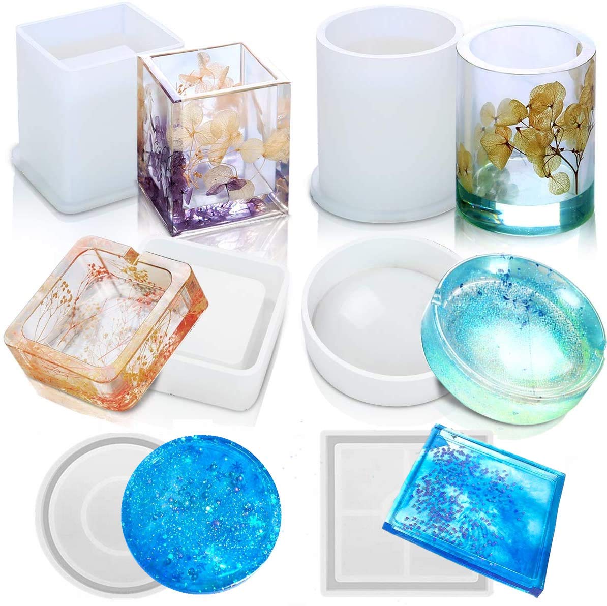 NC Resin Casting Mold Kit 6pcs DIY Clear Silicone Epoxy Resin Molds Hollow Resin Mold for Casting Pen Holder,Candle Holder,Coaster,Ashtray, for Art Craft Lovers