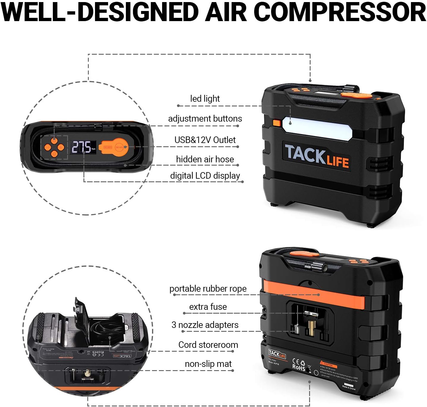 TACKLIFE Portable Tire Inflator Air Compressor, 12V Mini Electric Pump with Overheating Protection, LCD Display, LED Light, 3 Nozzles and Spare Fuse: Automotive