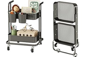 Merapi 2 Tier Rolling Cart, Metal Utility Cart with Wheels, Foldable Under Desk Storage Cart, Small Folding Bookshelf Trolley for Living Room, Kitchen, Bathroom, Bedroom and Office,Black