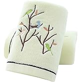 Pidada Hand Towels Set of 2 Embroidered Bird Tree Pattern 100% Cotton Absorbent Soft Decorative Towel for Bathroom (Light Yellow)