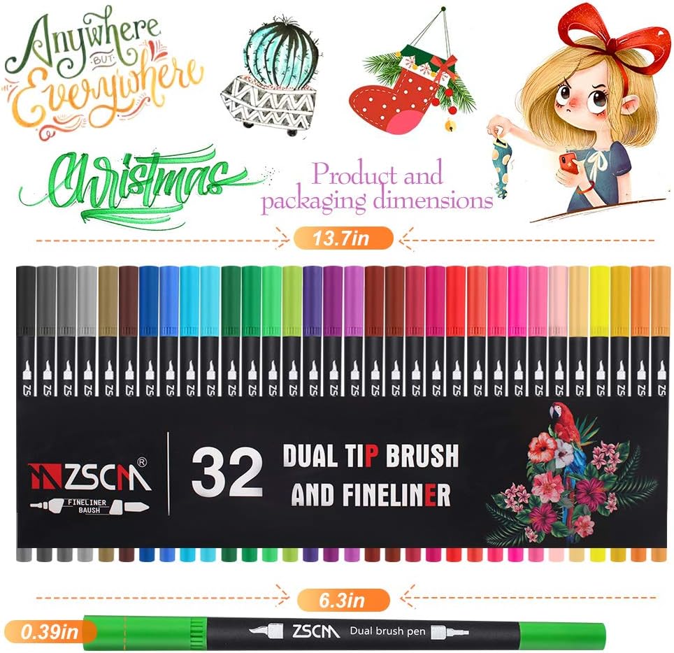 ZSCM 32 Colors Dual Tip Brush Pens Art Markers Set, Artist Fine and Brush Tip Colored Pens, for Kids Adult Coloring Books, Note taking Writing Lettering Calligraphy Bullet Journaling School Supplies : Office Products