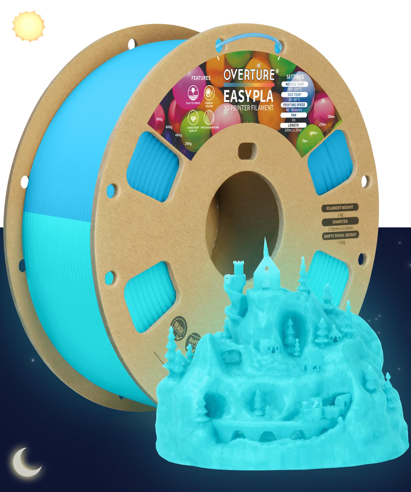 Photo 1 of OVERTURE Glow PLA Filament 1.75mm 3D Printer Filament, 1kg Spool (2.2lbs), Dimensional Accuracy +/- 0.02 mm, Fit Most FDM Printer (Glow Blue)