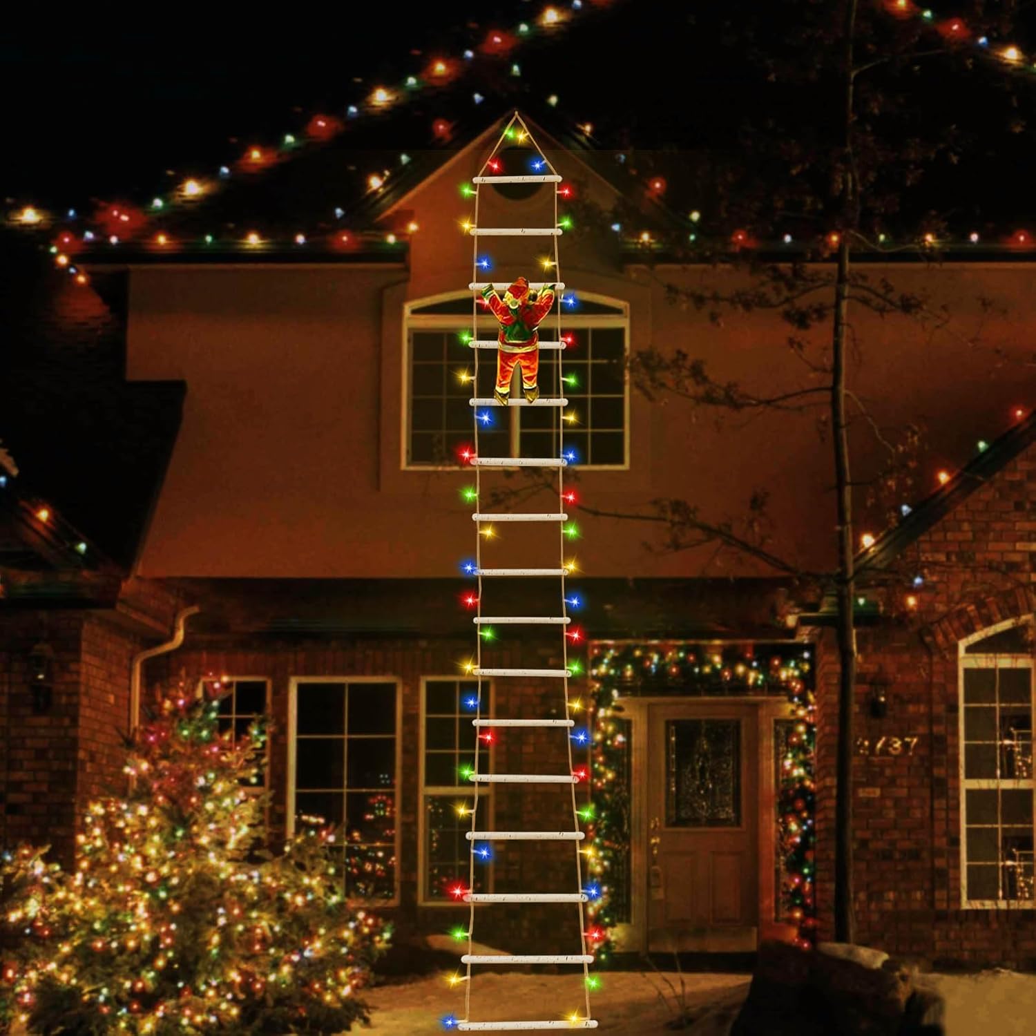String Lights - Larger Outdoor Christmas Decorations 10FT Ladder Lights with Santa Claus, Timer Function Outdoor Christmas Lights Waterproof for House Tree Wall Outside Yard Garden, 8 Lighting Modes (Multicolor)