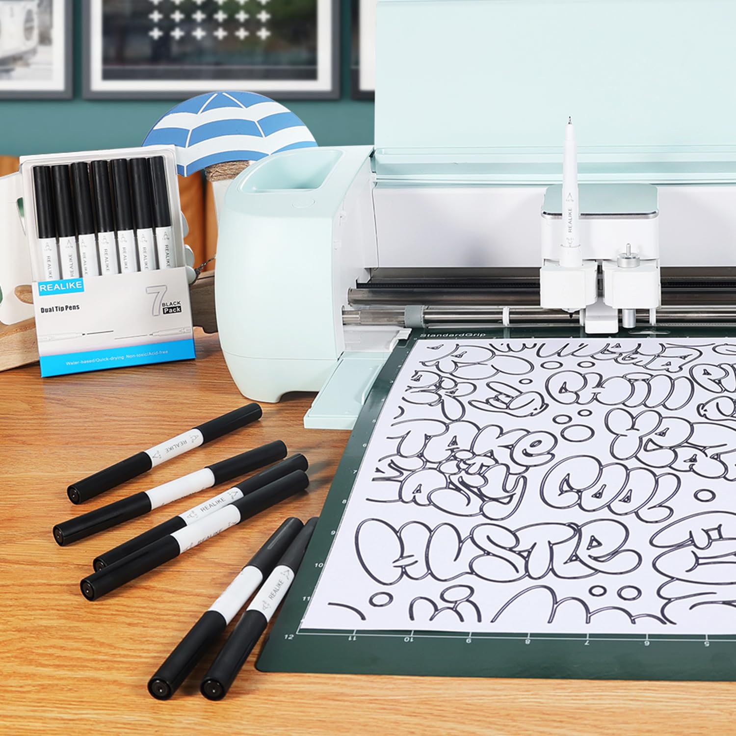 REALIKE Dual Tip Pens Compatible with Cricut Maker 3/Maker 4/Maker/Explore 3/4/Air 2/Air, Black Pens Set of 7 Pack Dual Tip Marker Fine Point Pen Writing Drawing (0.4 Tip & 1.0 Tip)
