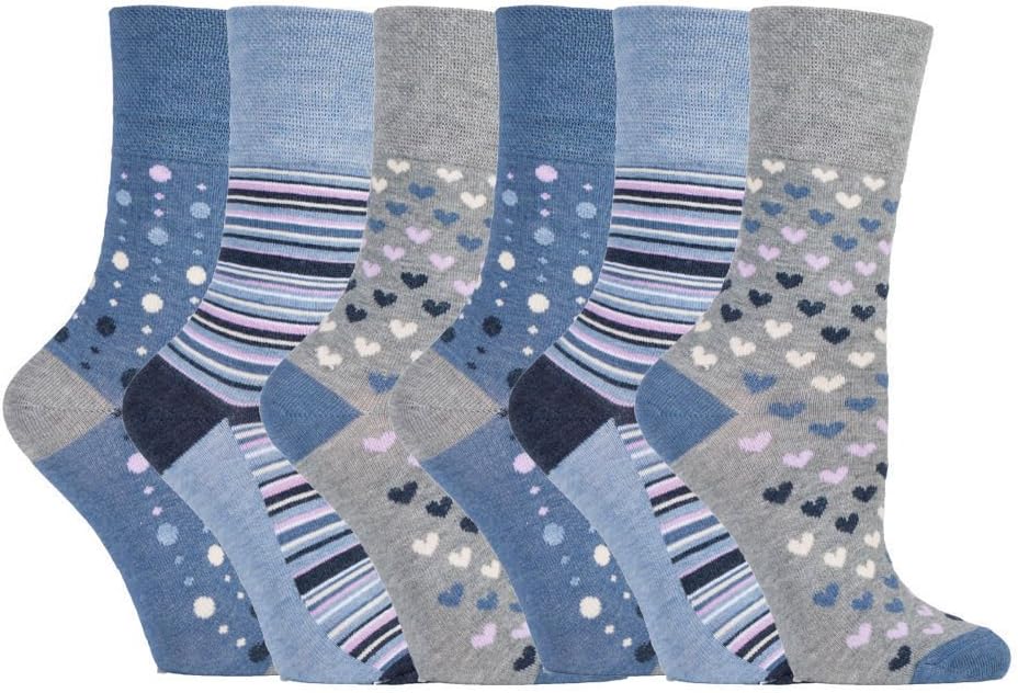 Ladies Gentle Grip Loose Wide Top Non-Binding Bamboo Socks Hearts Dots Stripes
