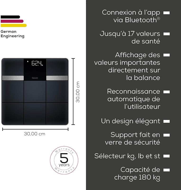 BF 450 Pèse-personne avec connexion à l'application via Bluetooth, balance impédancemètre numérique avec 17 valeurs mesurées, structure de carreaux mats, 8 mémoires utilisateur, 180 kg