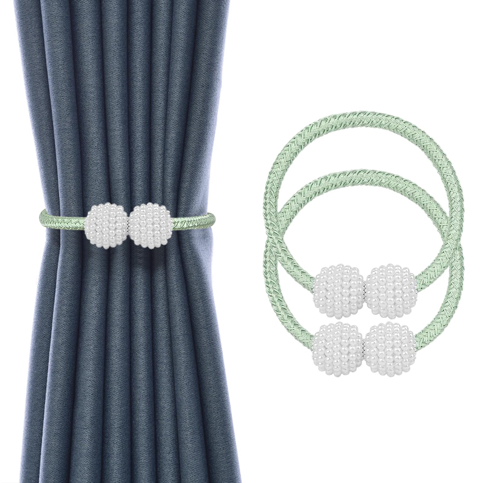 Magnetic Curtain Tie Backs, Magnetic Curtain Clips Rope Curtain Holder Buckles Small Bead Curtain Buckle Clips Rope Holders for Home Office Hotel Window Decoration (Green, 2-PACK)