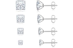 Trinckle 4 Pairs Stainless Steel Earrings, Square Stud Earrings for Men and Women, Hypoallergenic Silver Cubic Zirconia Earing Set Gold Studs Earings Lab-Diamond Princess Cut Jewelry Aretes De Hombre