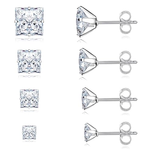 Trinckle 4 Pairs Stainless Steel Earrings, Square Stud Earrings for Men and Women, Hypoallergenic Cubic Zirconia Earing Set Lab-Diamond Princess Cut Jewelry Aretes De Hombre