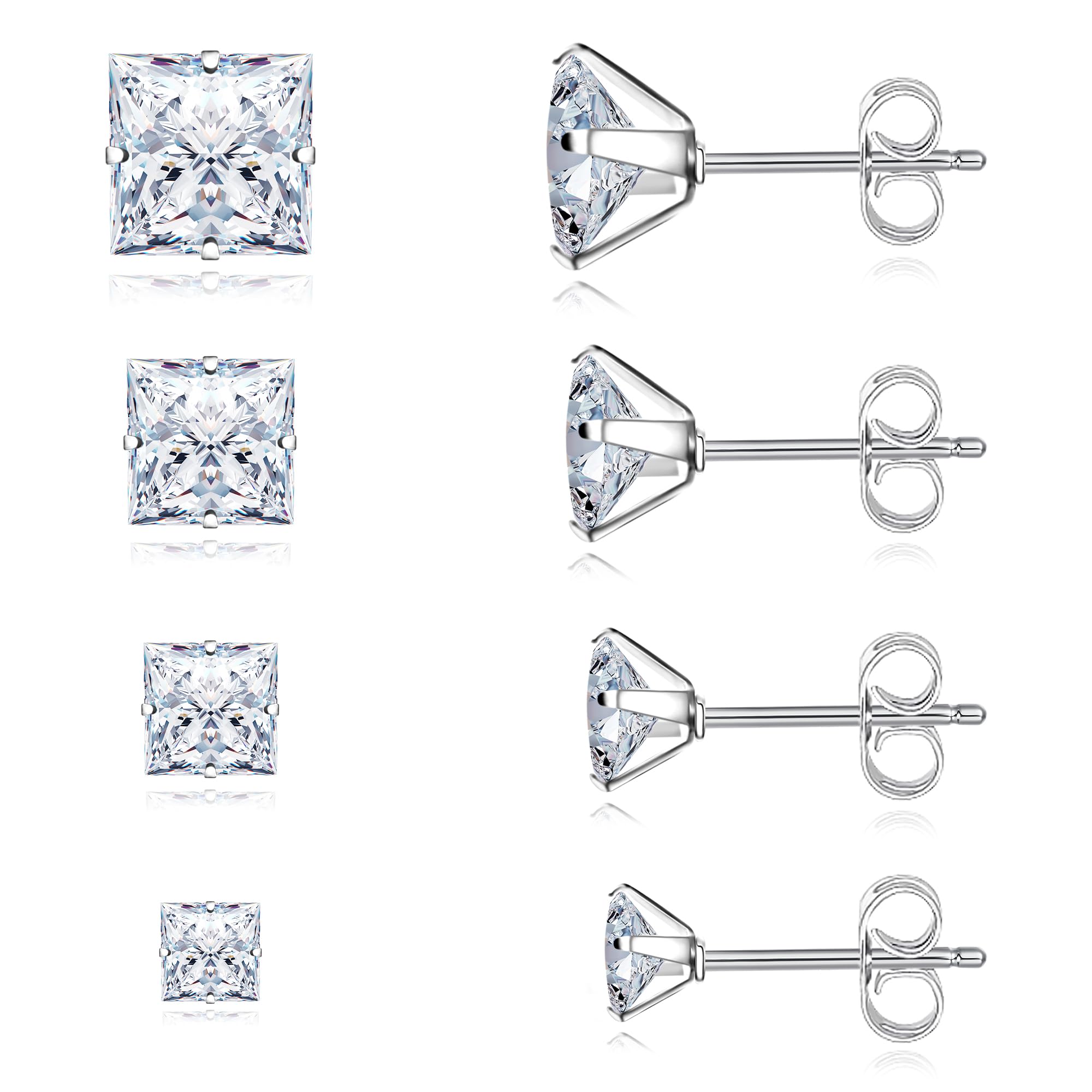Photo 1 of Trinckle 4 Pairs Stainless Steel Earrings, Square Earrings for Men Silver Cubic Zirconia Studs Hypoallergenic Princess Cut Stud Set for Women, Cartilage Piercing Lab-Diamond Men Jewelry