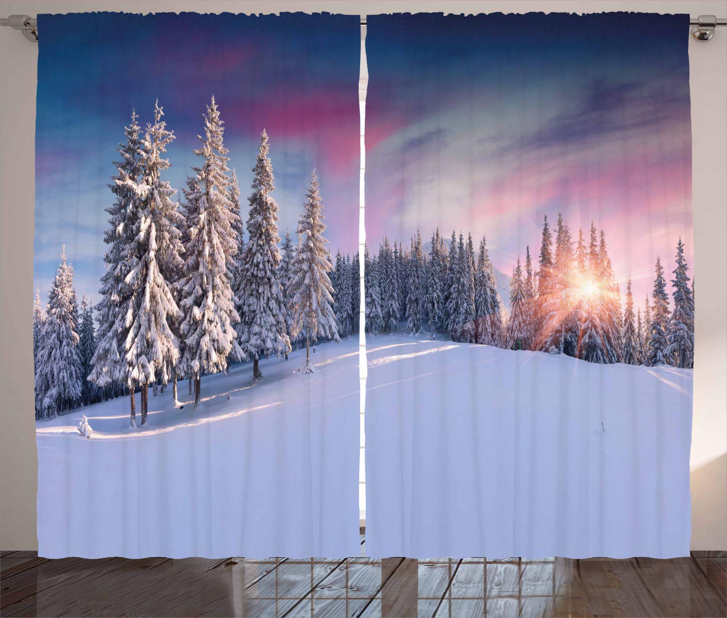 ABAKUHAUS Winter Curtains, Idyllic Panorama of Winter Sunrise in Snow Covered Mountains Serenity Freshness, Living Room Bedroom Window Drapes 2 Panel Set, 280 x 260 cm, Multicolored rose — image 1