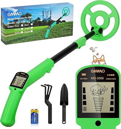 OMMO Kids Metal Detector Adjustable Stem LCD 6" Waterproof Coil Green