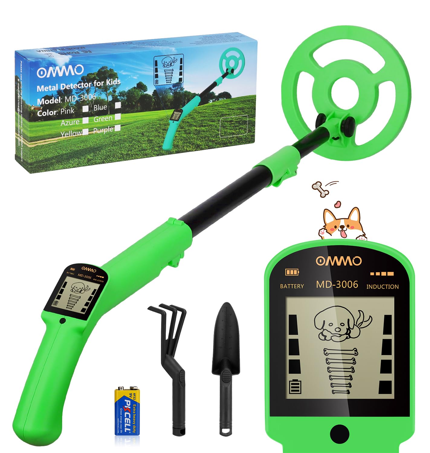 OMMO Metal Detector Kids, Adjustable Stem18.3''-37.8'' Metal Detector with LCD Display, Lightweight Kids Metal Detectors with 6'' Waterproof Coil, Gold detector for Beginners, Shovel, Rake, Green