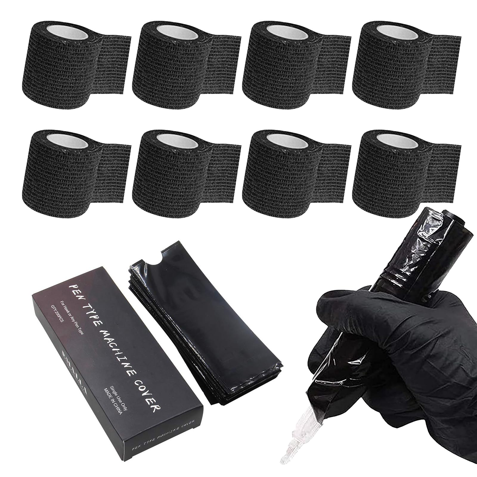 PEPAX Tattoo Pen Bags With Grip Tape - 200Pcs Machine Covers and 8Pcs Grip Wrap Sleeves Combination Supplies — image 1