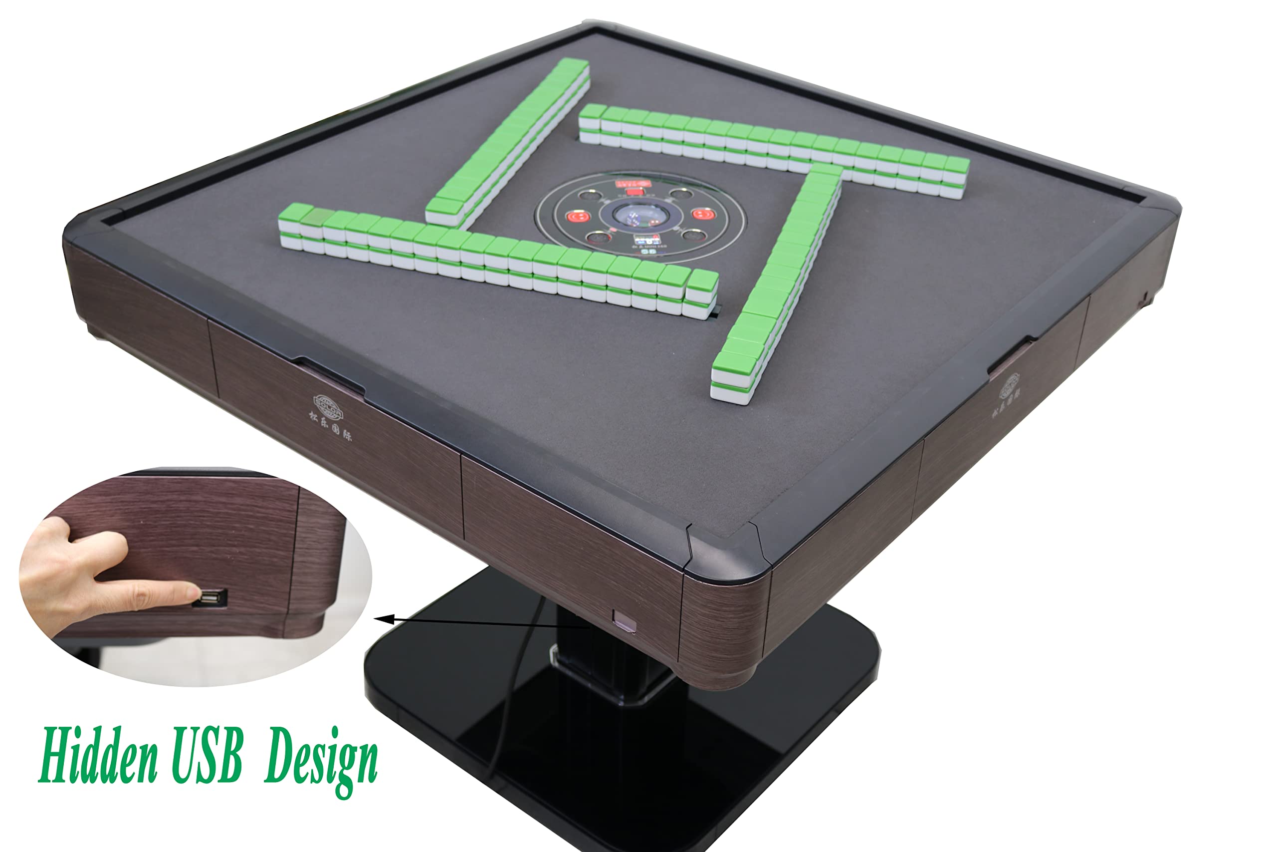 USA Mahjong Table Ultra-Thin Automatic Mahjong Table Roller Coaster Style, 36mm American Style Tiles Built-in Hard Table Cover Set of 4 19'' Wooden Pushers & Racks (Folding, Wooden)