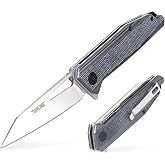 Topline Folding Pocket Knife, Aluminum Handle with Linen Material, 14C28N Steel Blade, Portable Pocket Clip, Folding Knife with Liner Lock, EDC Knife for Camping, Hunting, Grey and Blue