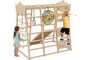 KIDSBUDDY 9-in-1 Indoor Jungle Gym, Indoor Playground for Toddlers,Wooden Montessori Climber Playset with Slide, Swing, Monkey Bar, Climbing Rock Climbing Net, Rope Ladder, Climbing Ladder, Rings and Dart Board