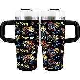 Monster Truck Tumbler Gifts for Boys - 14 oz Kids Tumbler with Handle & Lid, Stainless Steel Insulated Travel Mug, Featuring Monster Truck Designs, for School, Travel, Children's Birthday Gift (1pc)
