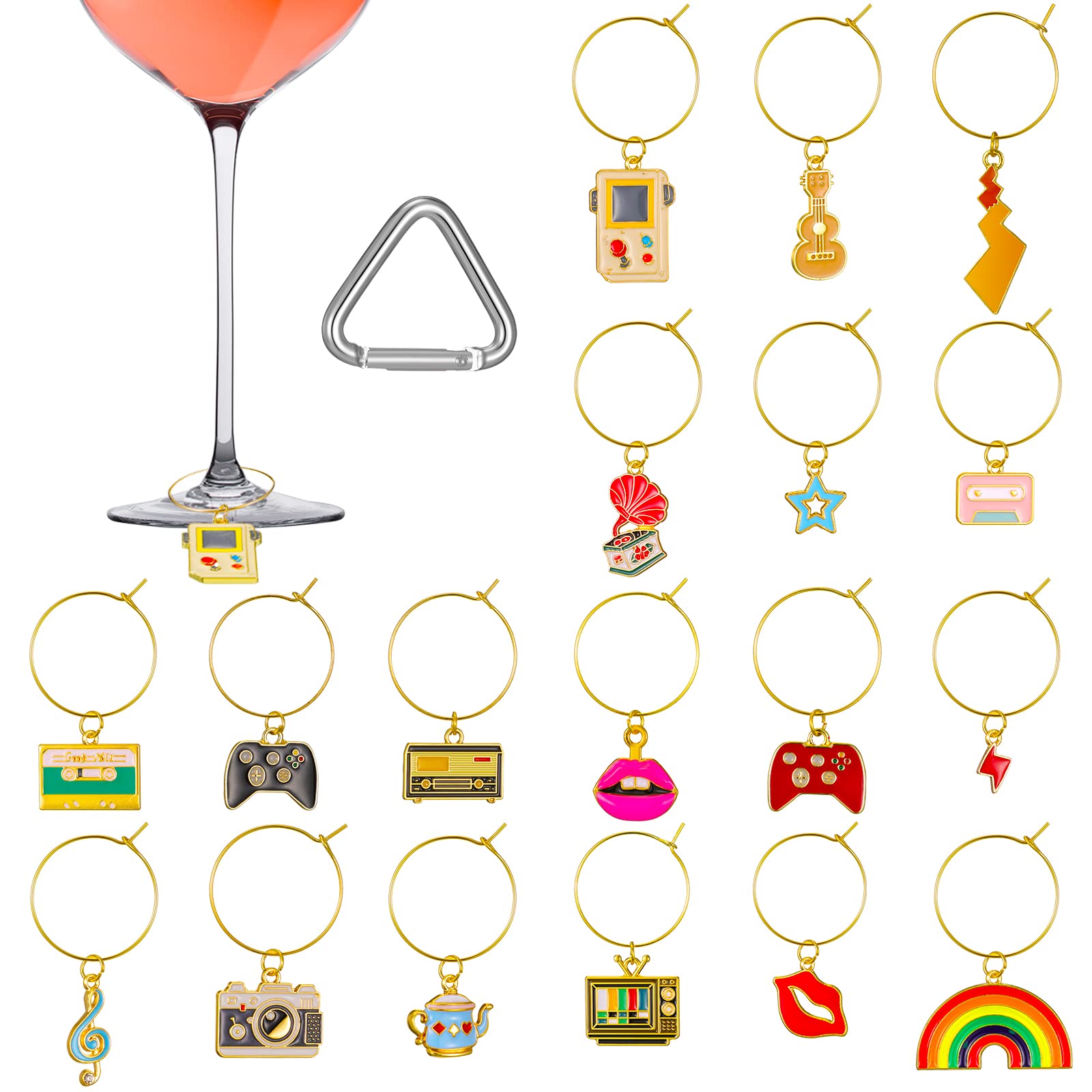Photo 1 of 18 Pcs Vintage Wine Glass Charms Set - 80's Markers, Rings, Identification with Buckle and Drawstring Bag for Stem Glasses, Bachelorette Party, Wine Tasting Party Favors Decorations