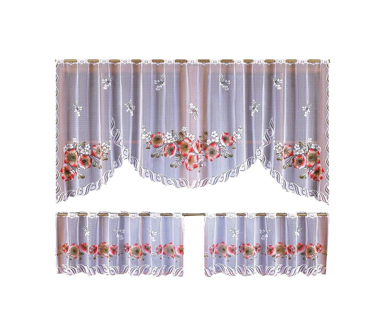 Very Nice Net Curtain Red Poppies Window Decoration 3 Pieces