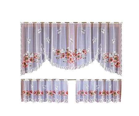 Very Nice Net Curtain Red Poppies Window Decoration 3 Pieces