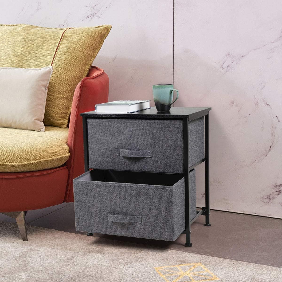 Stackable Storage Drawers Nightstand with 2 Non-Woven Fabric Drawers End Table with Steel Frame and Wood Top, Modern Clothes Organizer Closet Drawers Bedroom Bedside Living Room, College Dorm, Black -