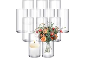 HOMJOY 12 Pack 𝑳𝒂𝒓𝒈𝒆𝒓 Glass Cylinder Vases 6 Inch Tall Clear Flower Vase Hurricane Floating Candle Holder for Table Centerpiece Wedding Home Deco