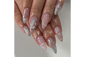 RIICFDD 24 Pcs Almond Press on Nails Medium Fake Nails Nude Full Cover Stick on Nails with Silvery Glitter Designs Glossy False Nails 5D Nail Charms French Nails for Women Girls Artificial Acrylic Nails