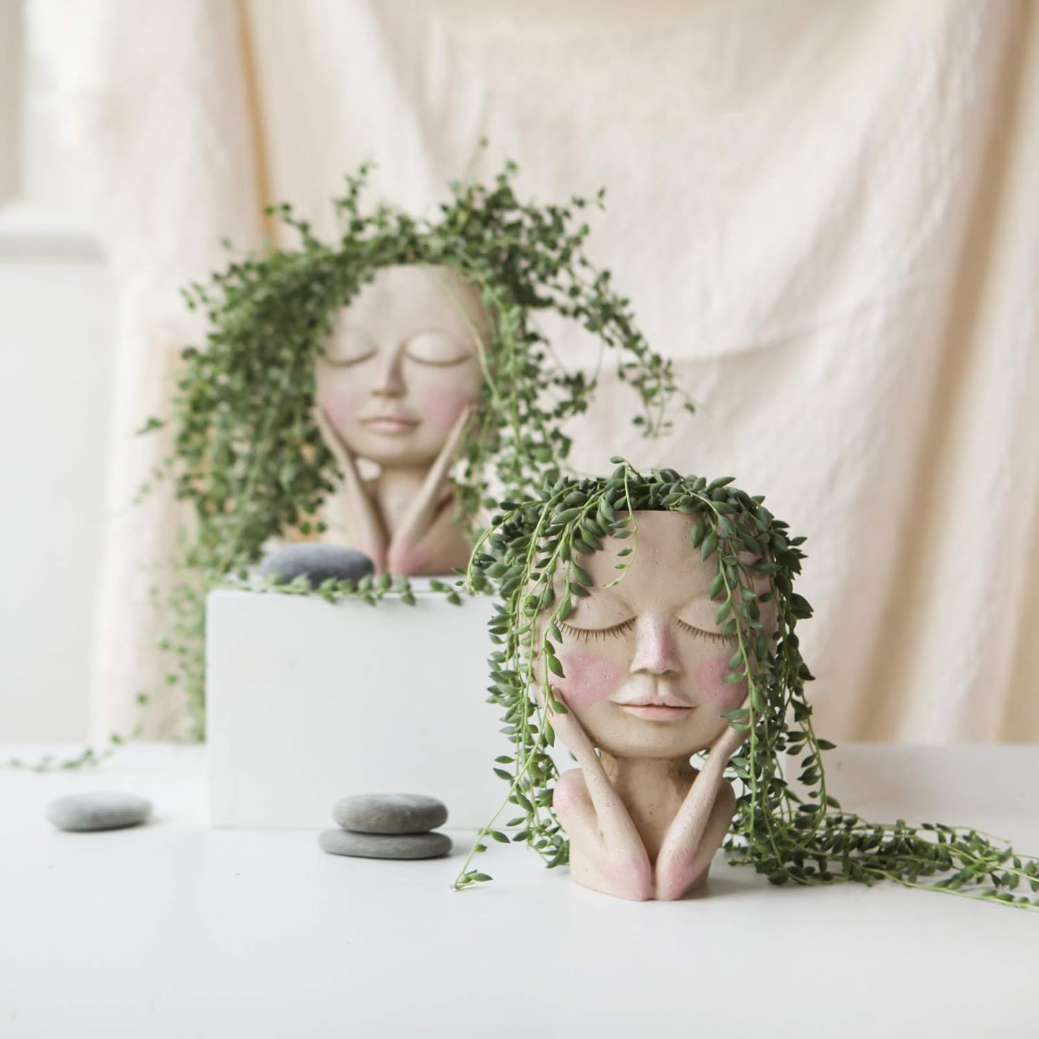AIMEBBY Face Flower Pot Head Planter Pot Succulent Planter Cute Resin Cactus Planter with Drainage Hole Closed Eyes : Kitchen & Dining